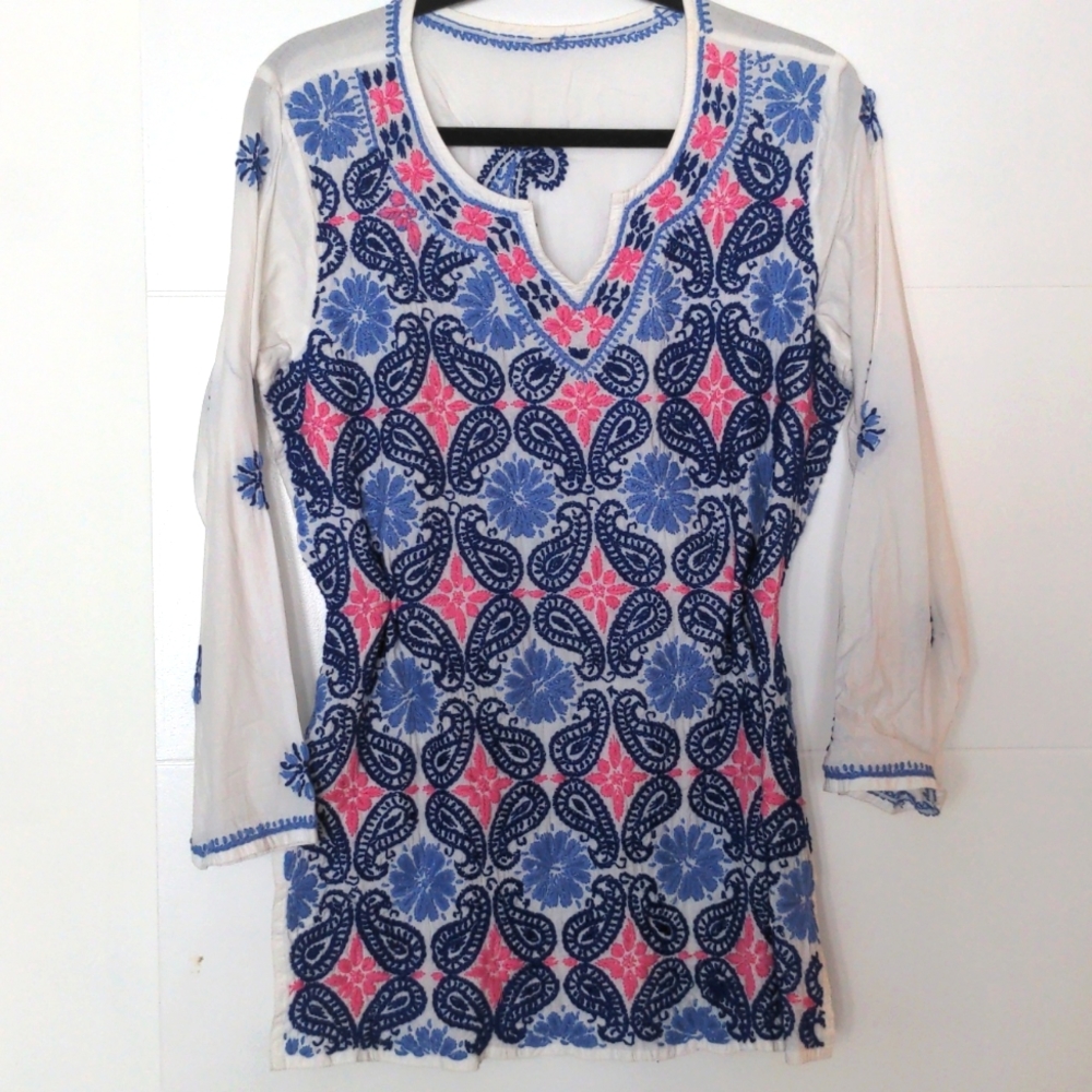 Embroidery blouse, white, blue and pink, size L